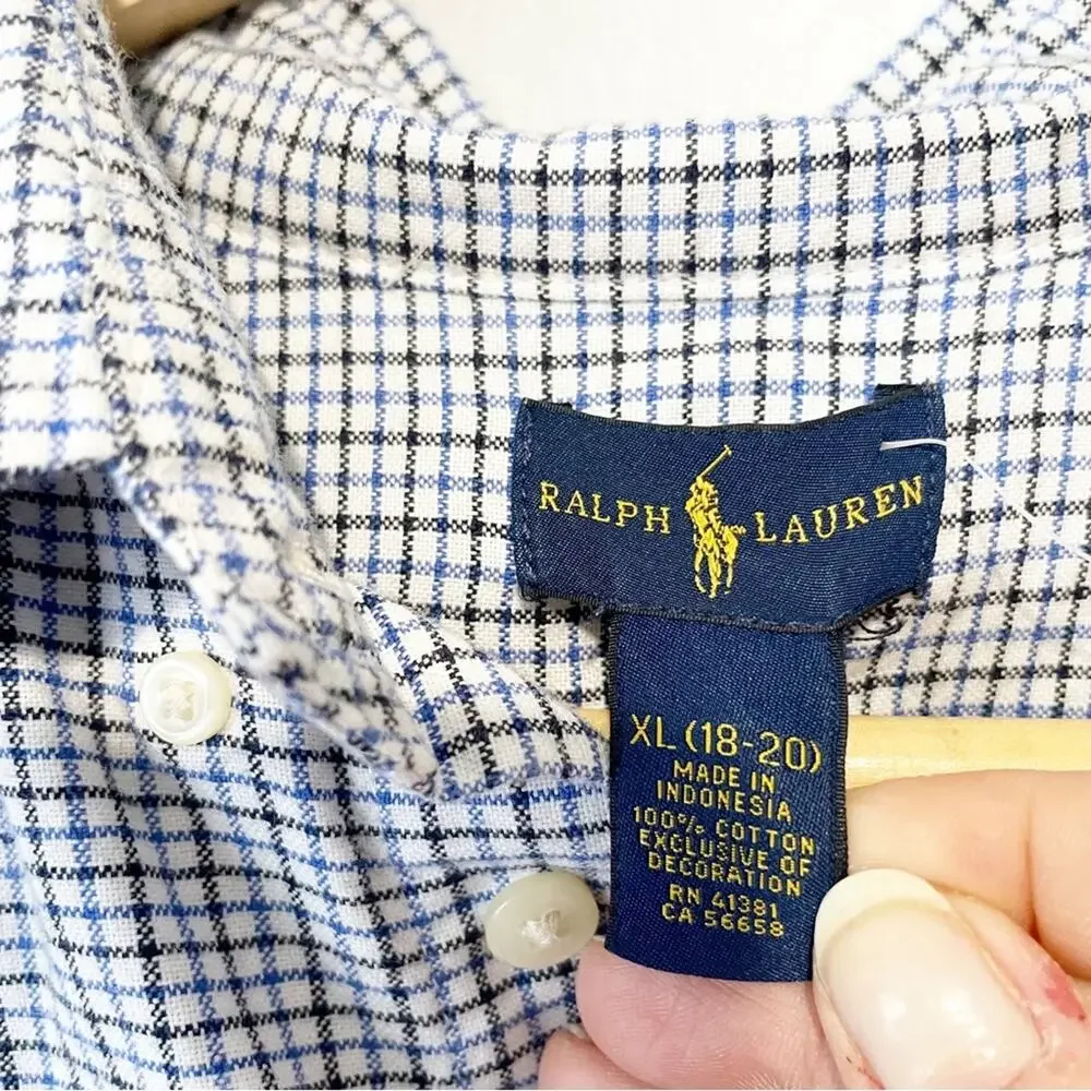 Ralph Lauren boys button down blue checkered plaid top size XL 18 20 cotton